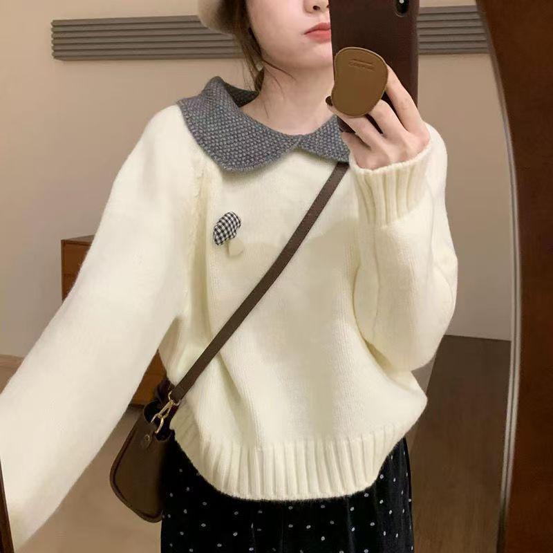 Winter Korean Style Slimming Casual Student Lazy Pullover Knitwear with Sweet Doll Collar