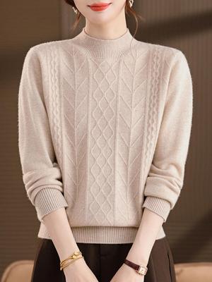 Chic Plus Size Ribbed Wool Sweater for Middle-Aged Women - Autumn/Winter High Neck Knit Top