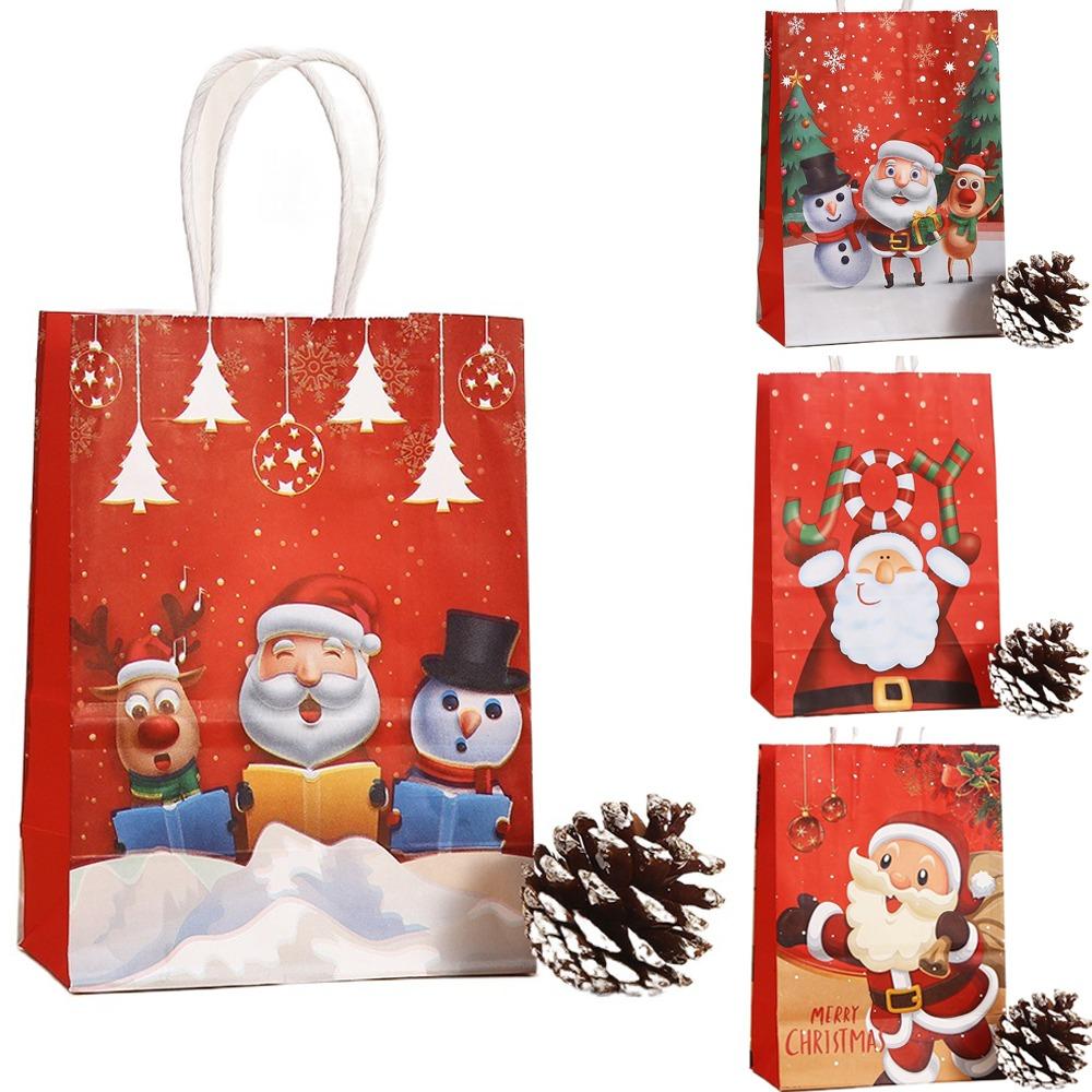 6Pcs Merry Christmas Kraft Paper Bags Santa Claus Red Paper Candy Biscuit Bags Elk Snowflake with Handle Gift Packaging Bags