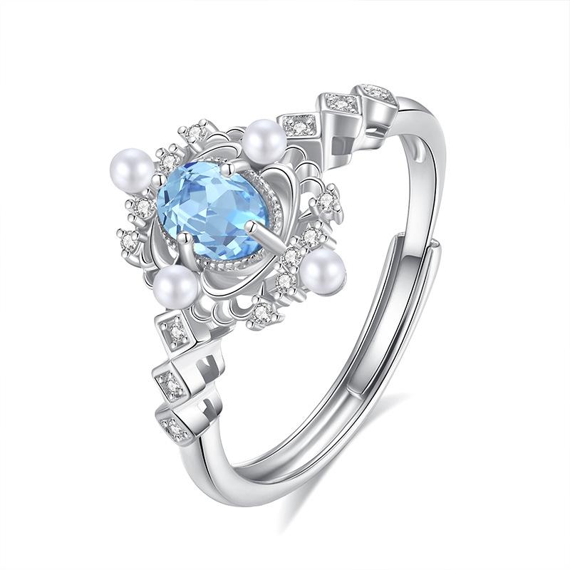 Light Luxury Natural Crystal Stone Bead Opening Ring S925 Sterling Silver Women's Temperament Versatile Snowflake Small Fresh Ring Fashion Gift