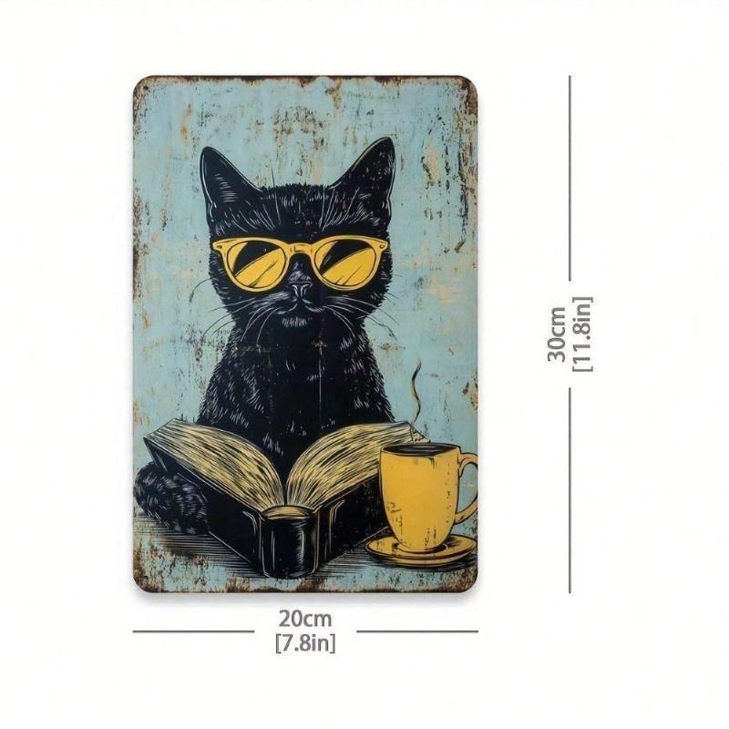 Vintage Cat with Glasses Book Metal Poster Wall Art for Home Cafe Bar Garage