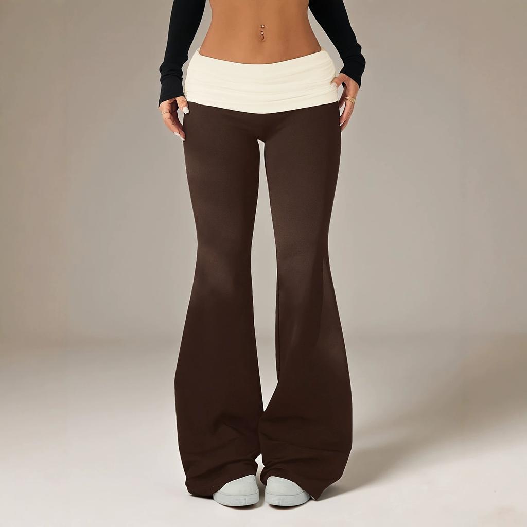 Women Low Rise Flare Pants Ruched Printed Waist Stretch Y2K Bell Bottom Long Trousers