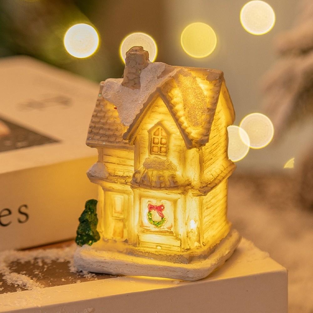 Battery Powered Snow House Figurine Resin Christmas Night Light Bedroom Night Light