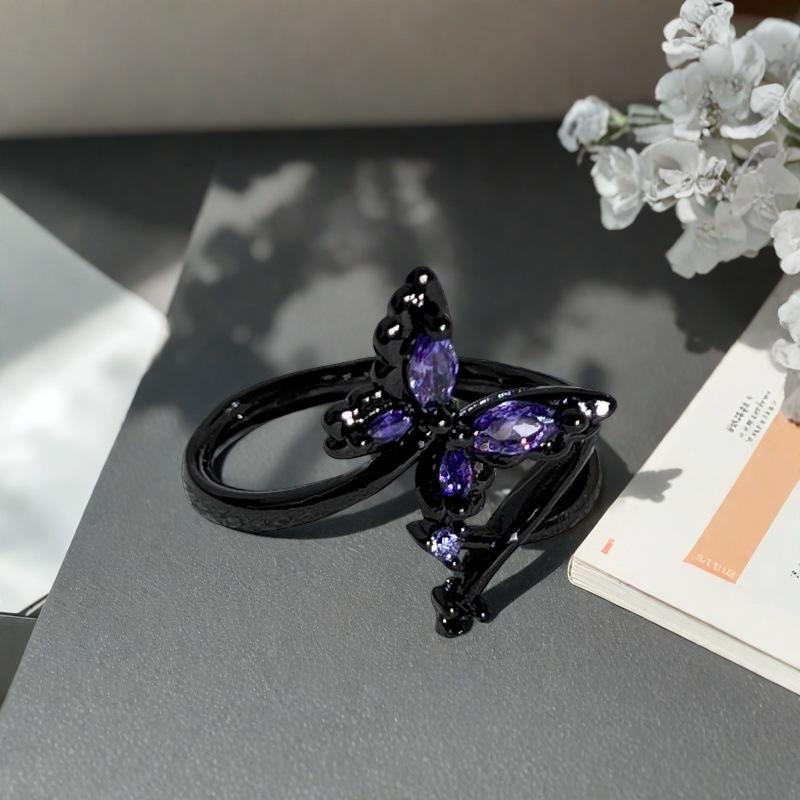Punk Dark Style Personality Purple Diamond Inlaid Zircon Butterfly Open Ring Stacked With Niche Design High-End Ring Woman