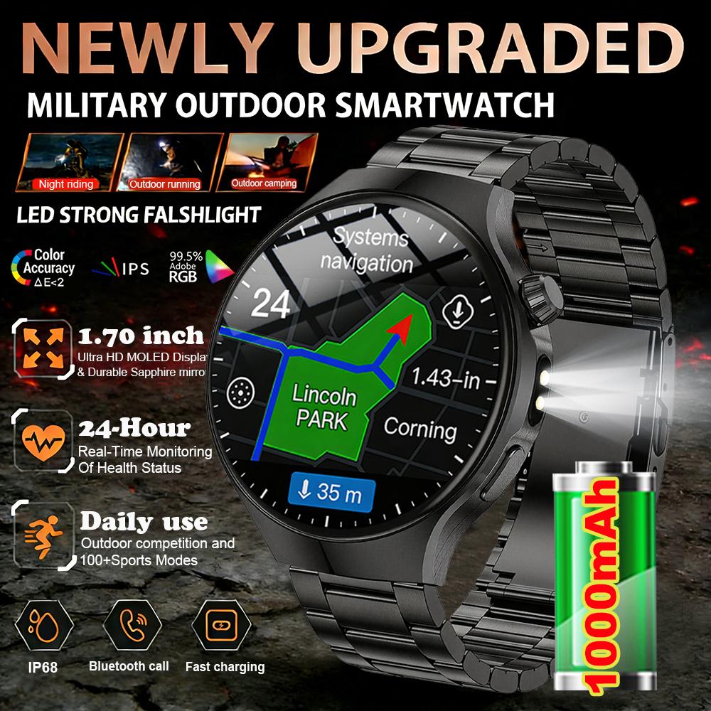 New 1000mAh battery Smart Watch 1.70" HD  Screen Flashlight GPS track Heart Rate BT Call Compass Smartwatch for Men
