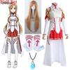 Anime Asuna Cosplay Kostým Plná Sada, Dámský Bílý Červený Rytířský Šaty Outfit s Dlouhými Blond Vlasy Parukou, Nadkolenní Ponožky a Náhrdelník pro Halloween Comic‑Con