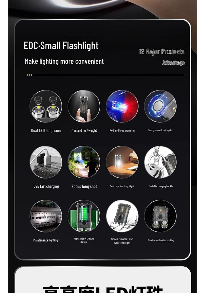 Compact Waterproof Multi-Function Keychain Flashlight with Magnetic Base and Emergency/Bike Warning Light