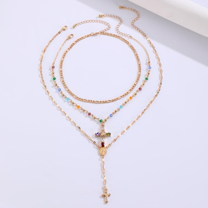Cross Pendant Tassel Necklace Alloy Chain Layered Crystal Accent Gothic Collarbone Jewelry Unisex Gothic Style Religious Gift