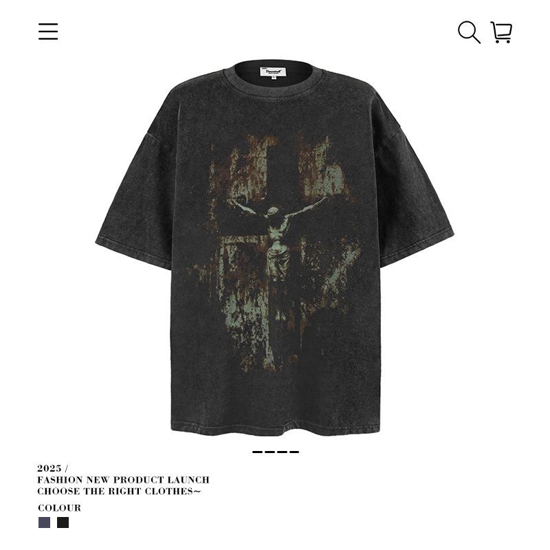 Men S And Women S Loose Half-Sleeved Pure Cotton Washed Retro Short-Sleeved Gram 250 Dark Summer Heavy Retro T-Shirt M