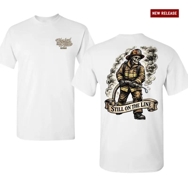 Still on the Line Firefighter T-Shirt, Skull Firefighter Hose Graphic Tee, Firem S разноцветный
