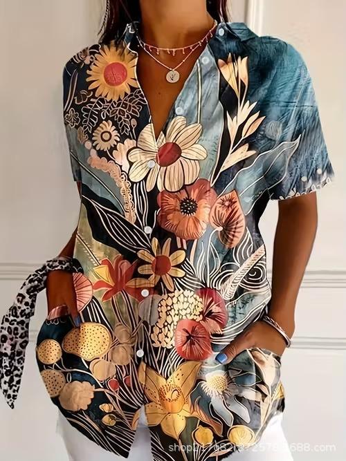 European and American summer hot-selling shirts, short-sleeved women's clothing, printed fashion lapel shirts, tops, casual women's clothing