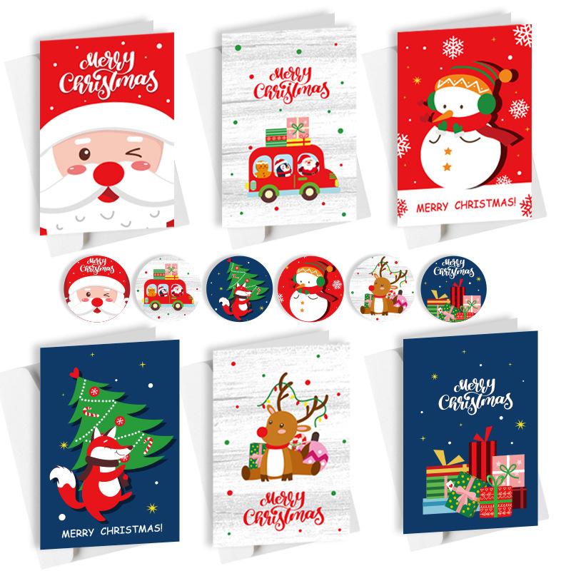 6pcs Merry Christmas Greeting Cards with Envelopes Stickers Folding Type Cartoon Print Gift Cards Christmas Decoration Supplies