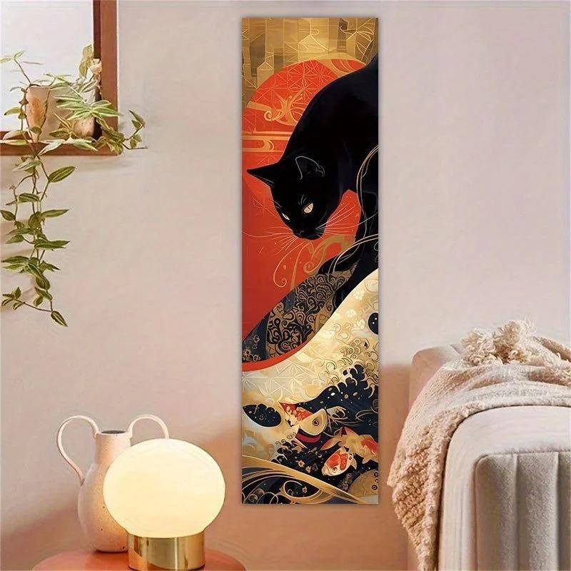 Jmg Household Supplies Unisex Black/Gold/Red Japanese Koi & Cat Vertical Tapestry Set Wall Hanging For Zen Room Living Room Aesthetic Decor