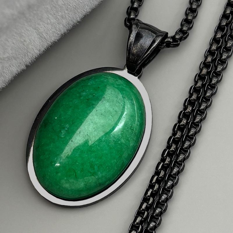 Trendy Natural Stone Female Chain For Women Men Stainless Steel Green Oval Shape Elegant Party Elegant Charm Necklace Jewelry