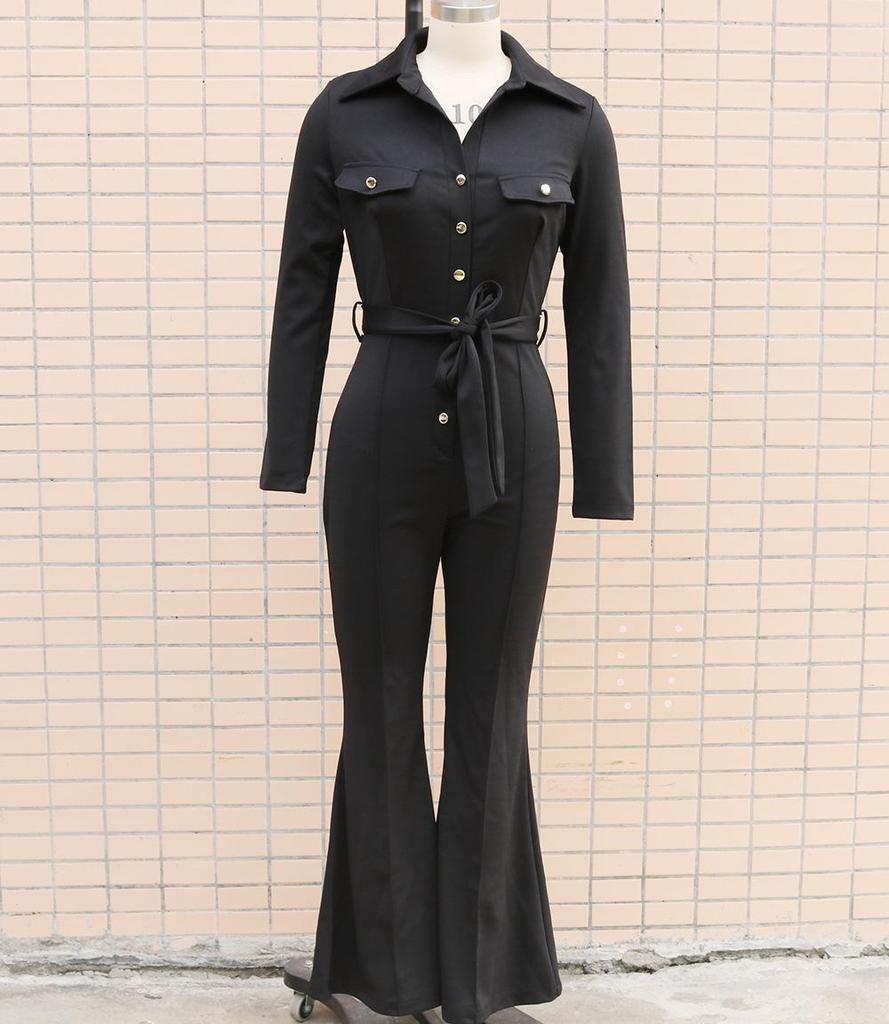 2025 Autumn/Winter Long-Sleeve Shirt Collar Jumpsuit with Mid-Waist Long Pants