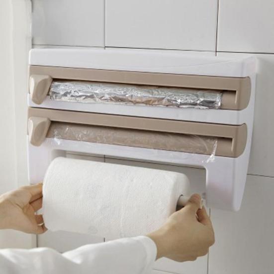Cling Film Storage Rack Roll Paper Towel Holder Shelf Wrap Cutter Kitchen Tool