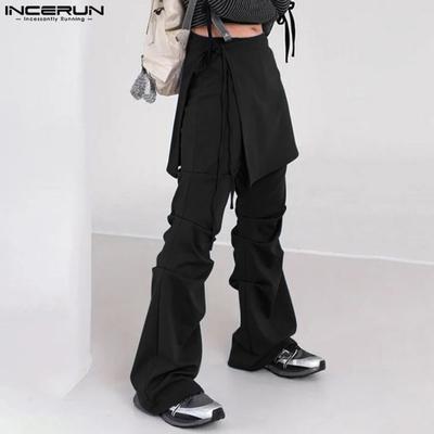 Men Zipper Waist Pants Casual Wrap Ruffled Long Tights Trousers