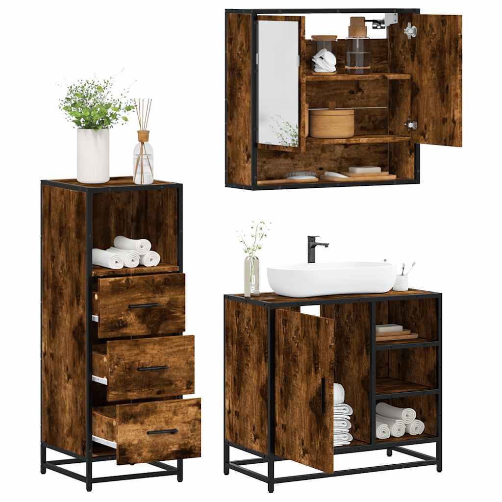 3 Piece Bathroom Furniture Set In Smoked Oak Wood Based Material