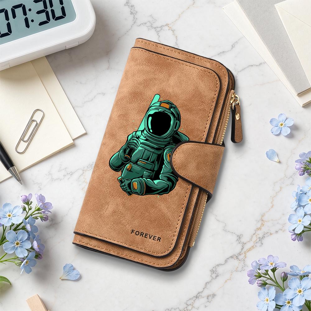 Fashion Astronaut Print Long Wallet PU Leather Multi Card Holder Portable Purse for Daily Use
