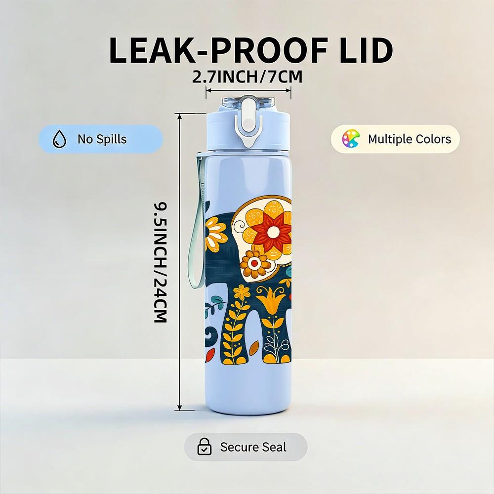 1PC Colorful Elephant Ornament Art Print 750ml Color Plastic Sports Water Bottle Leakproof Flip Straw Lid Suitable for Sports Office Home Use