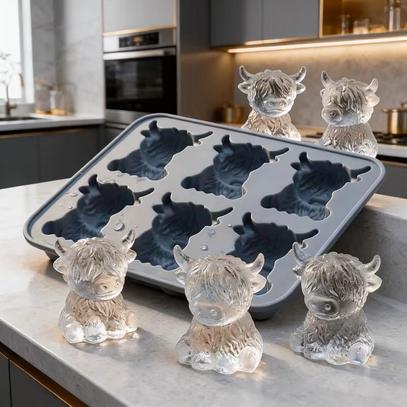 2pcs Mini Highland Cow Cube of Ice Mold, Reusable 3D Cute Silicone Ice Tray for Whiskey, Cocktails, Juice And Party Drinks.