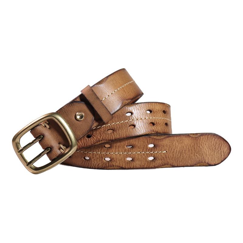 Pure Cowhide Retro Punched And Polished, Pure Copper Buckle Hollowed Out And Made Old Belt, First Layer Genuine Leather Belt, Manual Stitching