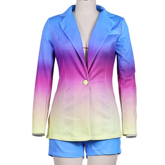 2 Pcs/Set Women Blazer Shorts Set Long Sleeves Slim Fit Elegant Deep V Neck Wash-and-wear Leopard Print