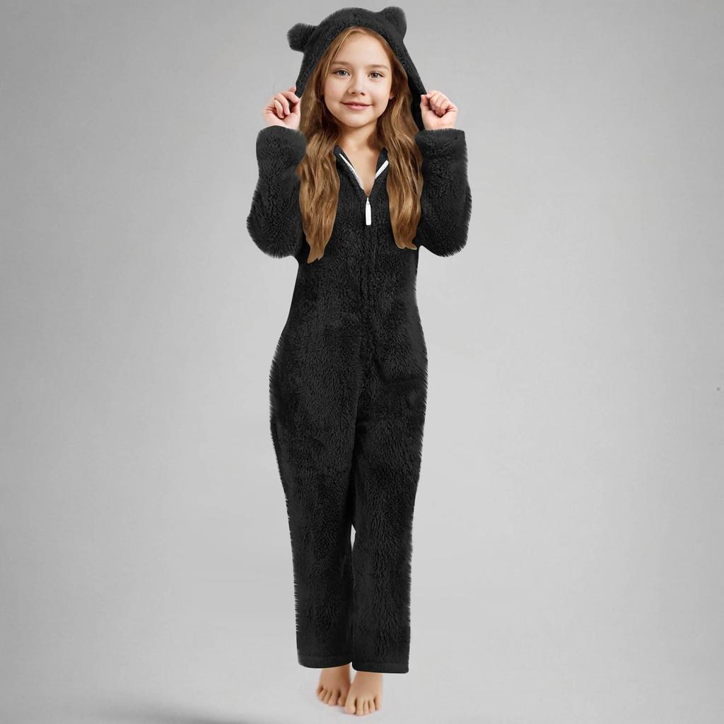 Children's Boys And Girls Solid Color Hooded Long Sleeved Zipper Plush Warm Children's Clothing Jumpsuit