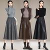High-Waisted Genuine Leather Midi Skirt for Women - Autumn/Winter 2025 Collection with Elastic Hem