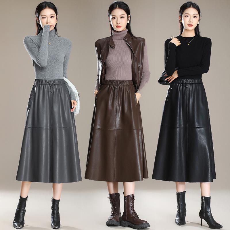 High-Waisted Genuine Leather Midi Skirt for Women - Autumn/Winter 2025 Collection with Elastic Hem