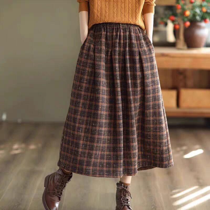Retro Zesílená Dámská Podzimní Zimní High-End Vlněná Kostkovaná Midi Sukně Slim-Fit