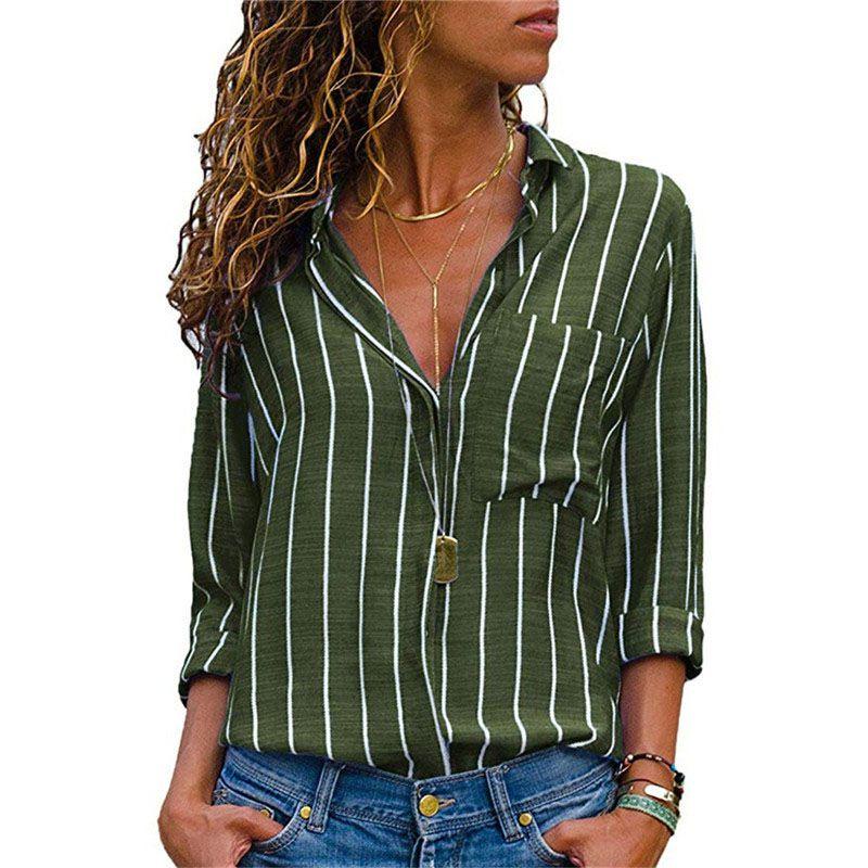 Womens Long Sleeve Loose Blouse Casual Tops Featuring Elegant V-neck Button-up Design