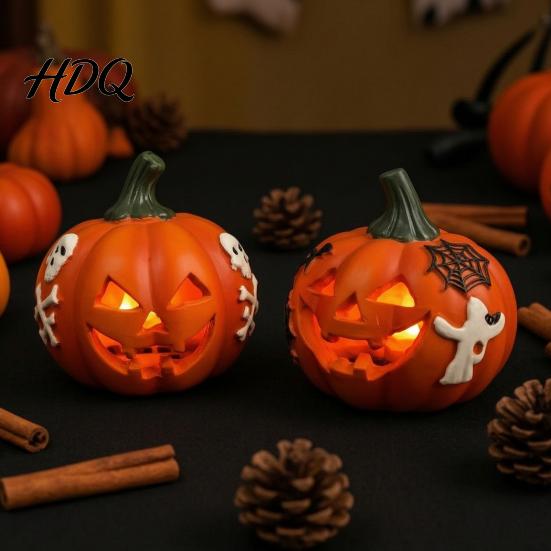Buitenhars Herfstdecoratie Spookachtige Verlichte Pompoen Beeldje, Halloween Gegraveerd Verlicht Weerbestendige Accenten Beeld voor Tafelblad Binnen Tuin