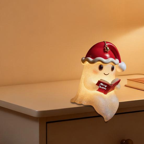 Yousheng Reading Ghost Night Light Cute 3D Xmas Hat Ghost Bedside Lamp Resin Ghost Reading Book Nightlight for Bedroom Study Room Party Decor
