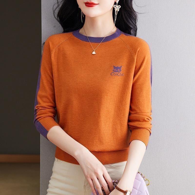 Women's Chic Cartoon Embroidery Cat O-neck Sweaters Autumn New Casual Loose Fashion Knitwear Striped Patchwork  Winter Pullovers