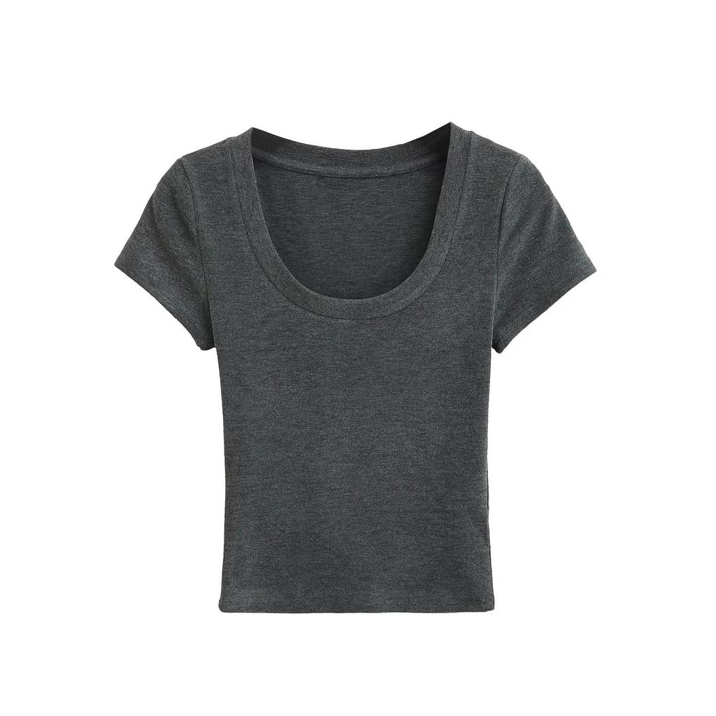 2025 Summer Slim Fit Short Sleeve Crop Top with Wide Round Neck