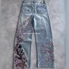 Calça Jeans Denim Vintage Y2K de Cintura Alta e Perna Larga Com Detalhe Floral Bordado Calça Unissex Streetwear
