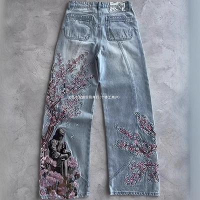 Y2K Vintage Högmidjade Vida Jeans med Broderad Blommig Detalj Unisex Streetwear