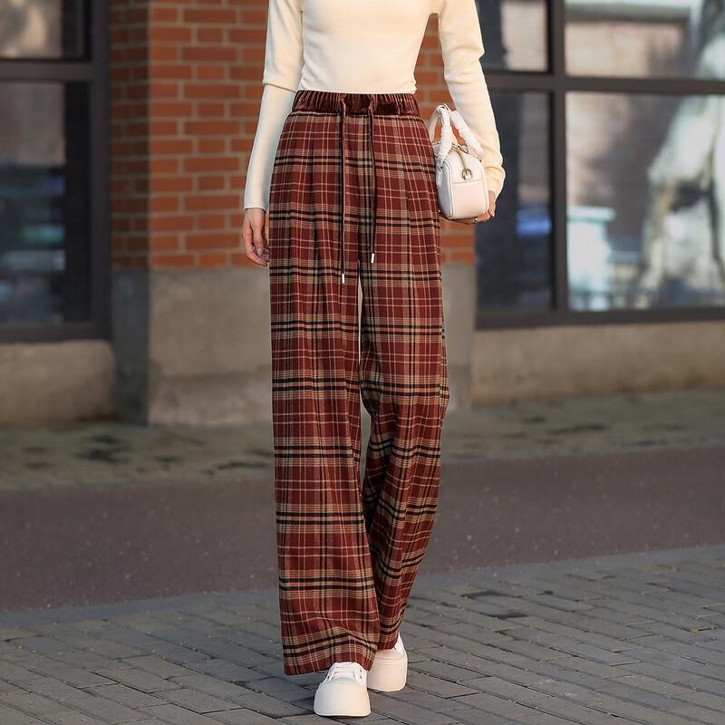 Demana Smart Plaid Drawstring Velvet High-Waist Straight Casual Pants