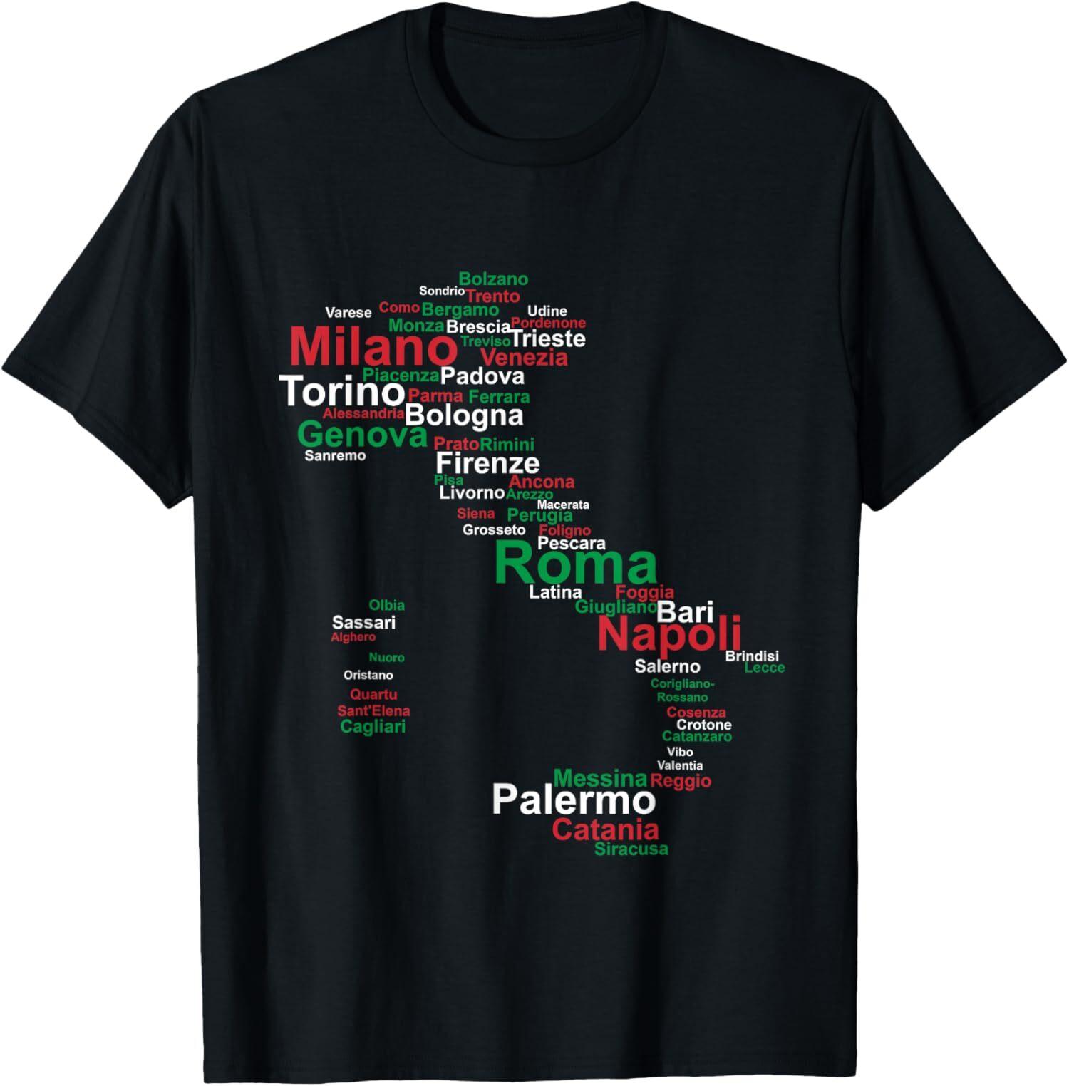 New Limited Italy Map Silhouette Flag Towns Cities Rome Travel Europe T-Shirt Mens Womens Tees Top Tops Tee XL