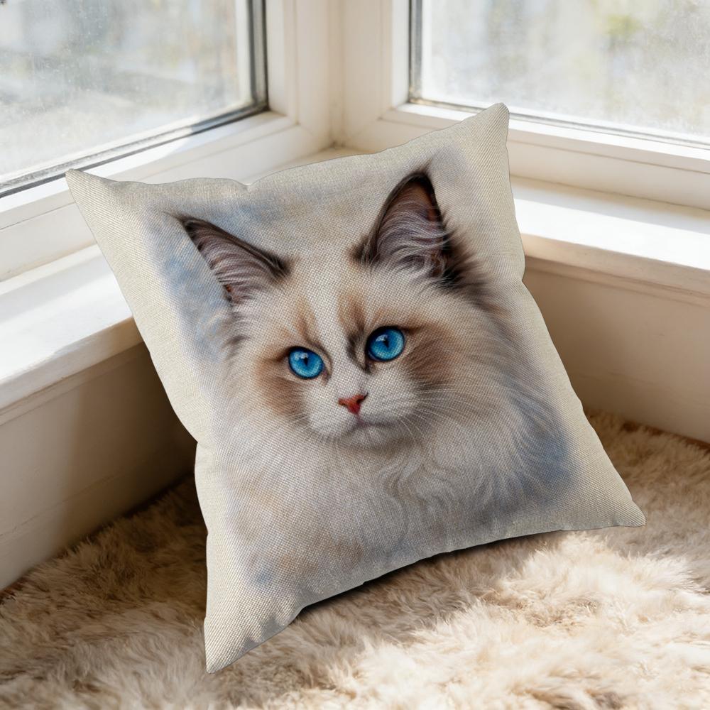 Cat Face Pillow Case White With Blue Eyed Cat Print For Home Decor And Window Seat