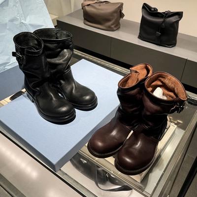 Rindslederversion~ 2025 neue superweiche mittelhohe Western-Cowboystiefel Damen dicker Absatz runde Spitze Ritterstiefel kurze Martinstiefel