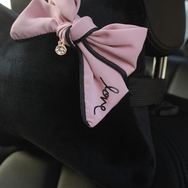 Cute Bowknot Universal Car Seat Headrest Neck Pillow Rhinestones Supplies Auto Waist Support Car Accessories Interior for Women