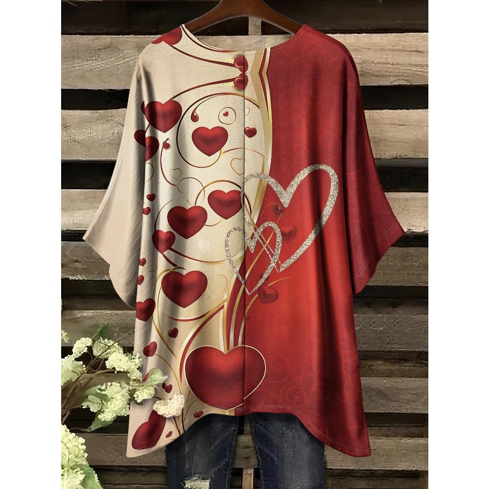 Summer large size red love interwoven pattern printed bat sleeve crew neck T-shirt, dovetail irregular hem