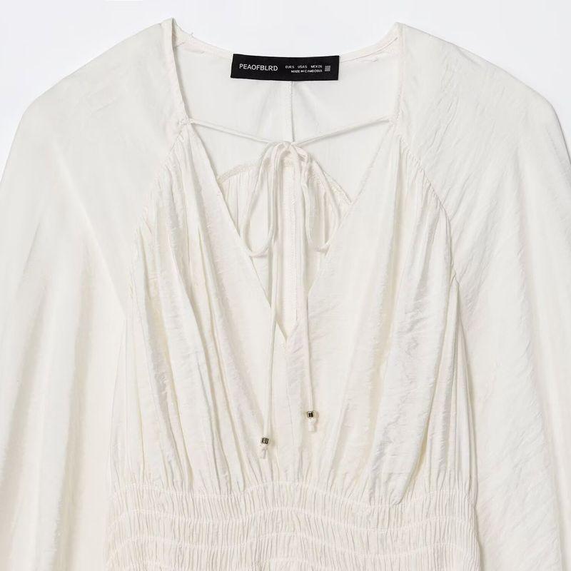 Zbzr Spring New Women Clothes Western Style Strap Decoration V-neck Lantern Long Sleeve Pleat Shirts Top 1300636