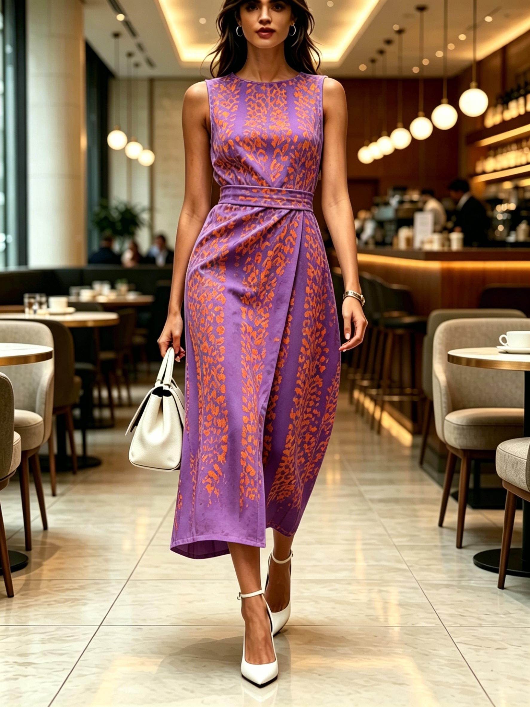 

Women Round Neck Sleeveless Midi Dress Purple with Orange Print Modern Elegant Casual Fashion Three Seasons Apparel XXL