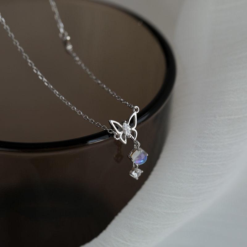 Moonlight Glazed Butterfly Necklace in S925 Sterling Silver - Sweet Heart Tassel Clavicle Chain