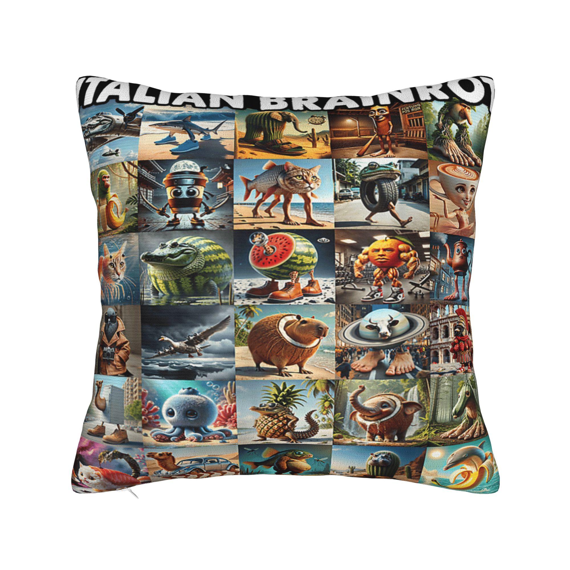 Italian Brainrot Characters Funny Meme Pillow Case  Print Pillow Cover Kawaii Pillowcases For Sofa Car Home Decor 12x12Inch