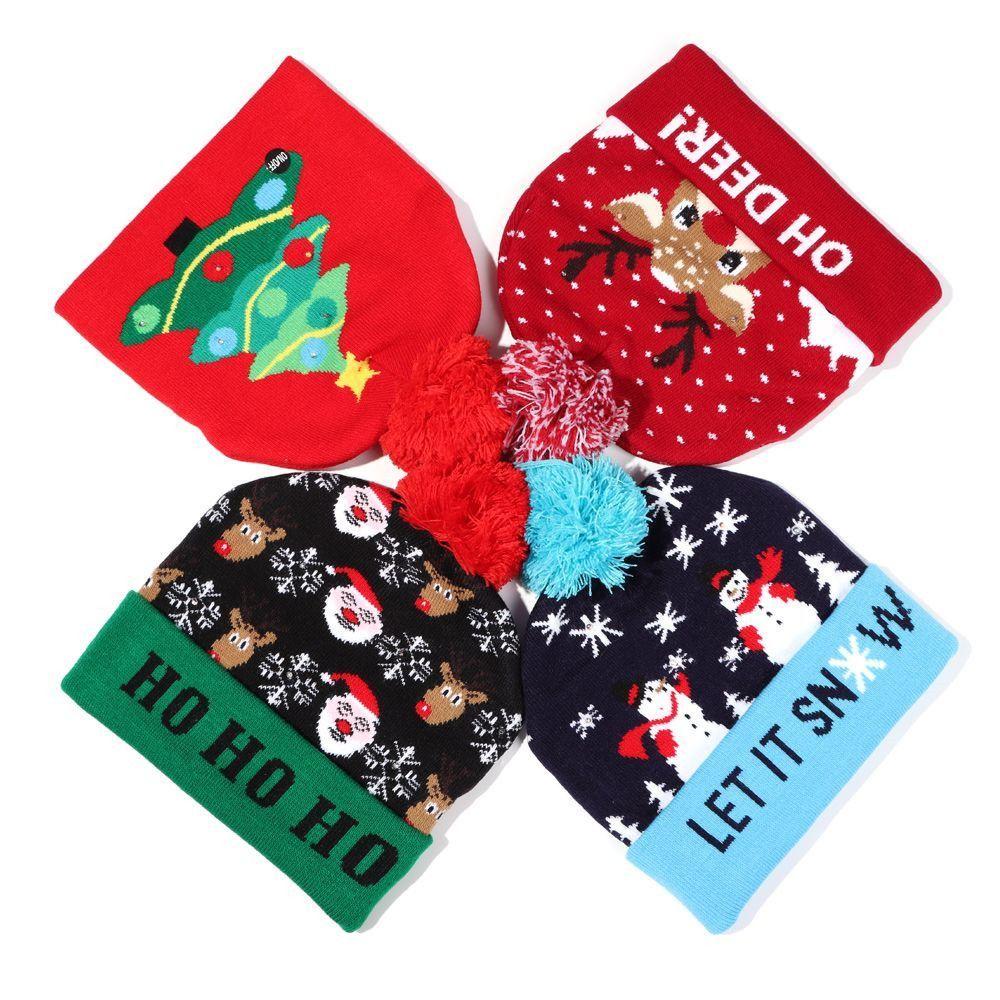 For Aldult Kids Cartoon Light Up Sweater Beanie LED Hat Knitted Cap Christmas Hat