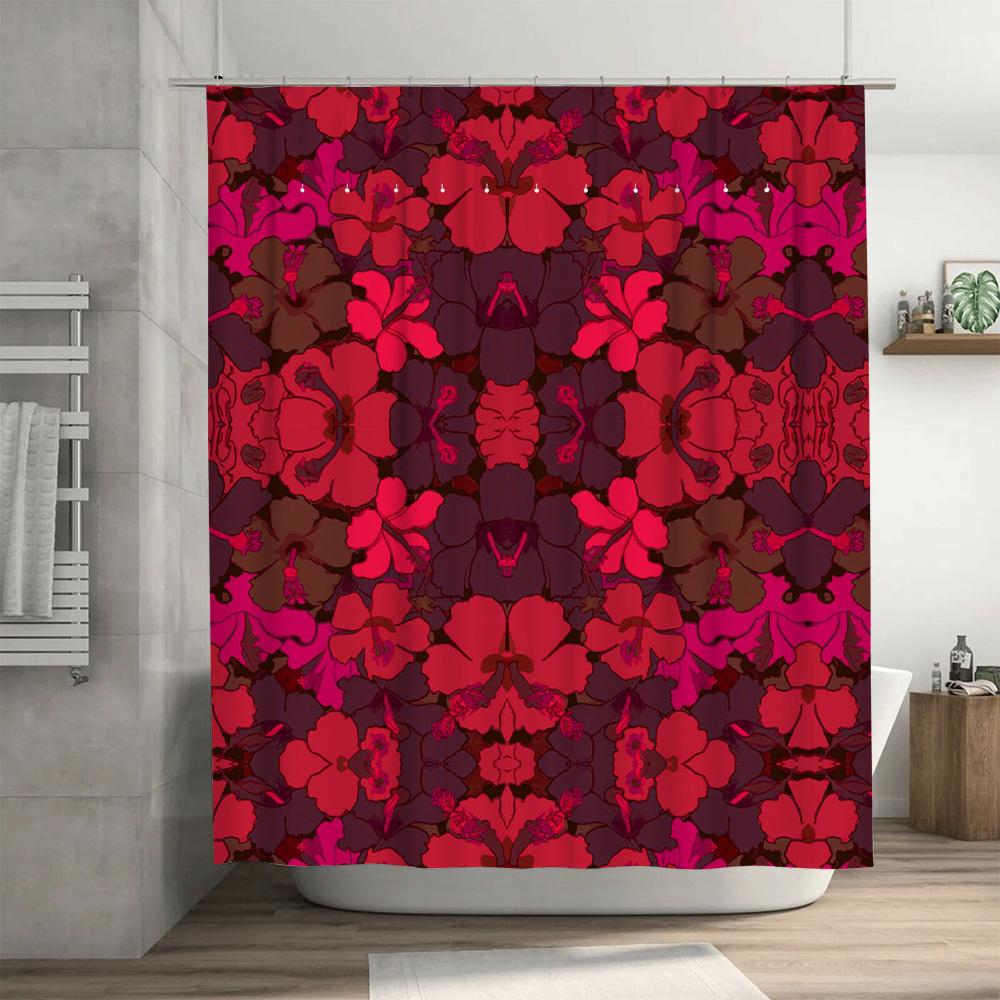 Modern Polka Dot Bath Shower Curtain Waterproof Polyester Fabric Decorative Set for Bathroom in Rich Maroon Color with 12 Hooks